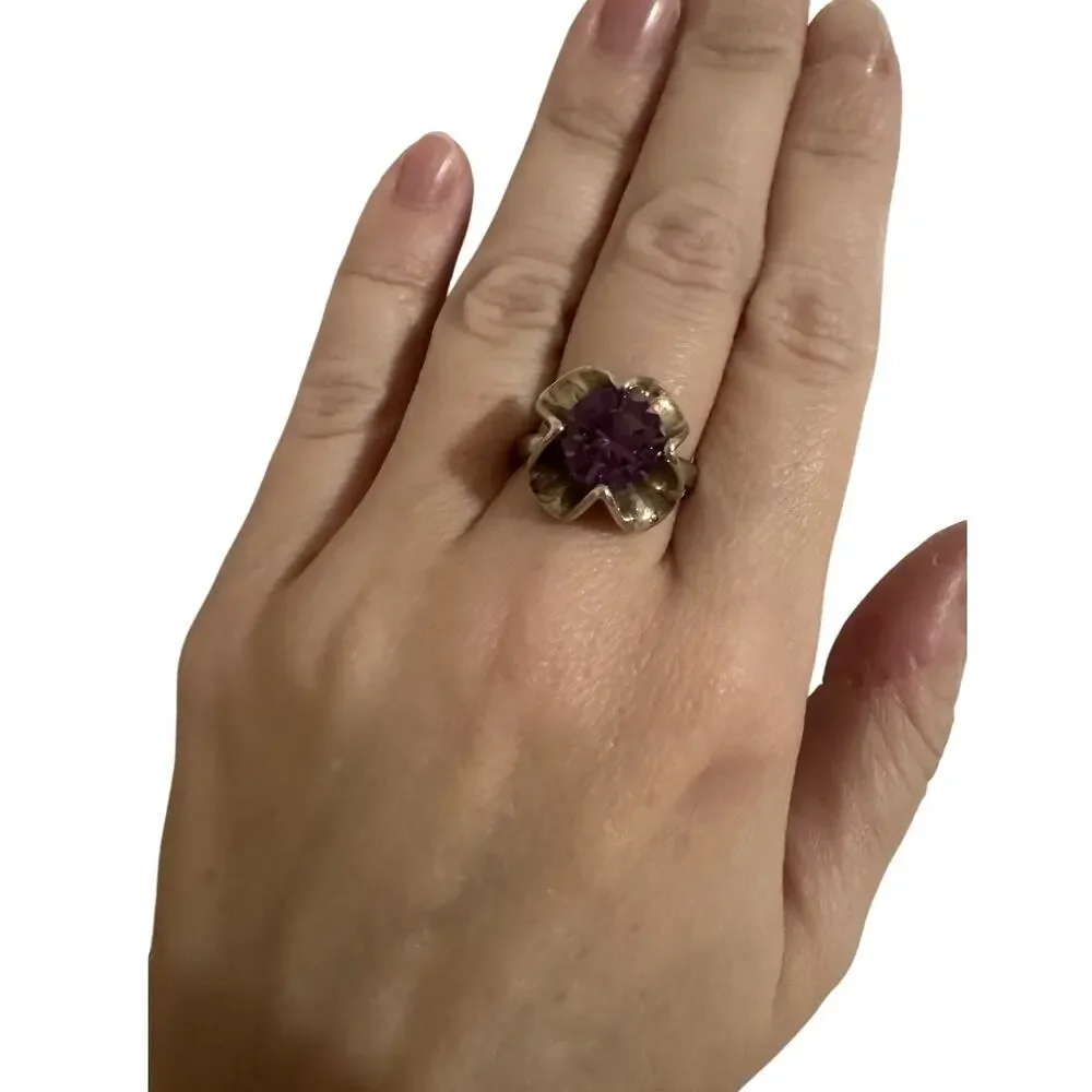 Vintage Estate Sterling Silver Mexico JS Purple Sapphire Cocktail Ring Size 8